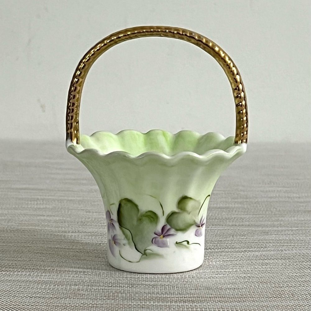 Floral Ceramic Basket with Gold Handle